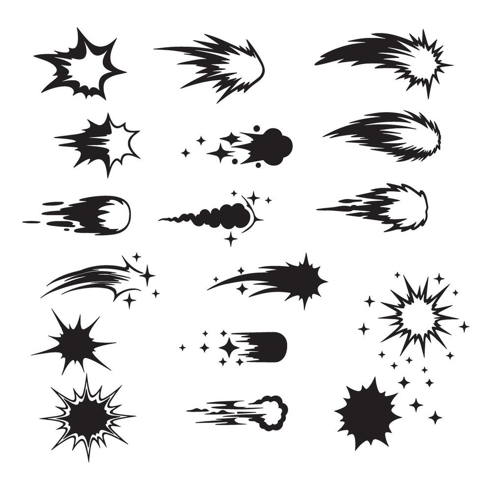 Doodle line sparkle burst lines set with star icons and silhouette shapes for use in creative design and decoration artwork vector