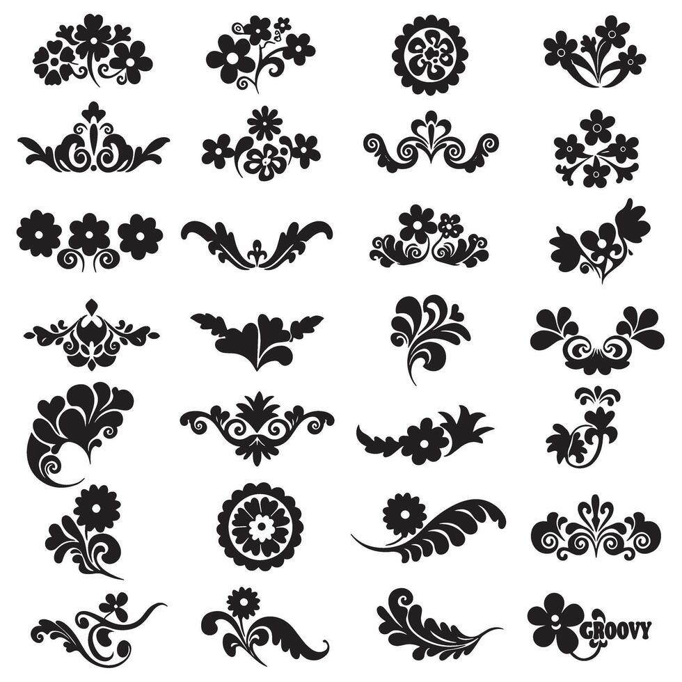 Silhouette design bundle of funky groovy elements including ribbon swirls, animals, floral shapes, stars, and hands vector