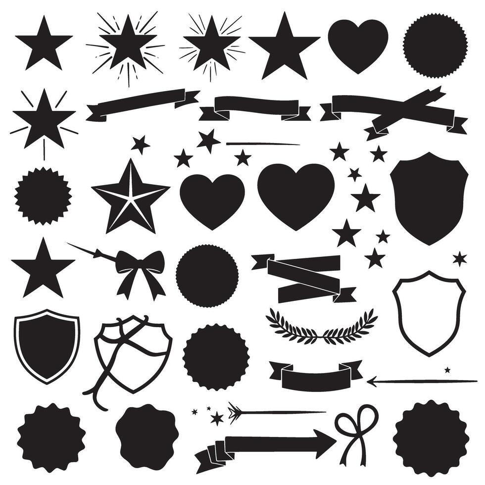 Star, shield, heart shape, ribbons banner and more design element set silhouette for logo and label templates vector