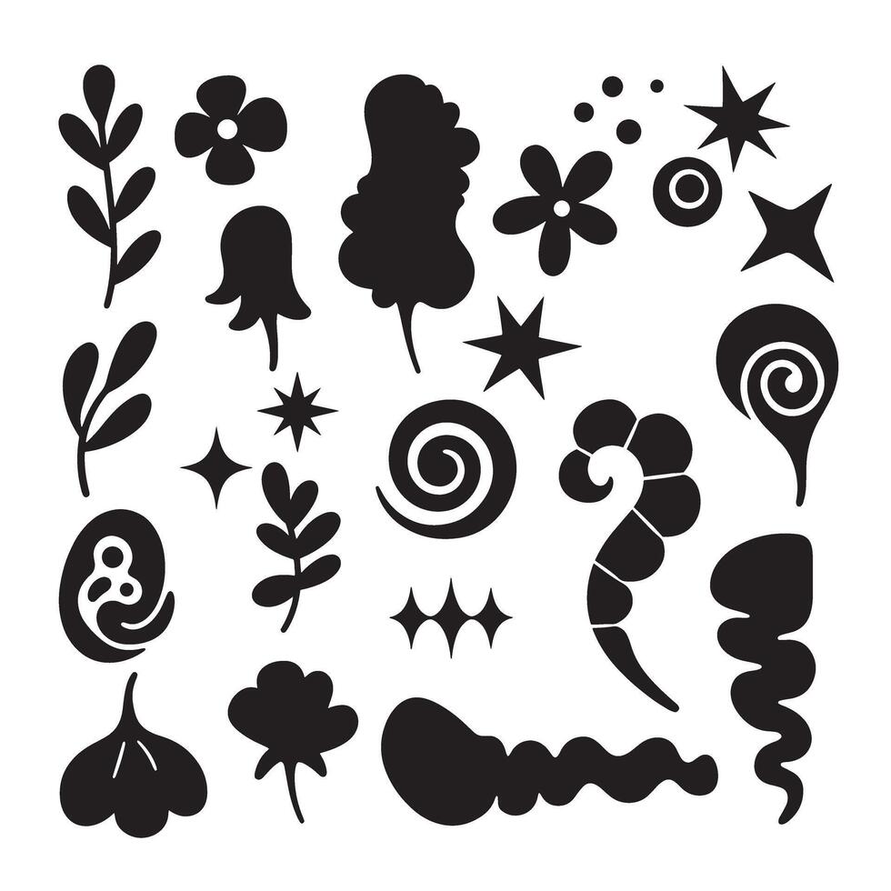 Funky silhouette variation design elements including groovy stars, cartoon animals, hand outlines, flowers, and ribbon art for creative layout vector
