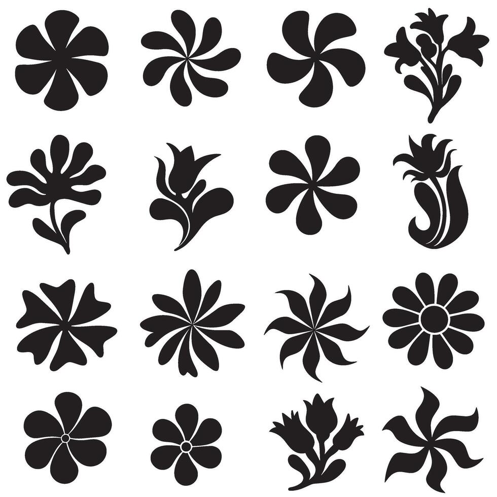 Icon set of groovy flower silhouettes with wavy line style elements for creative artwork and designs vector