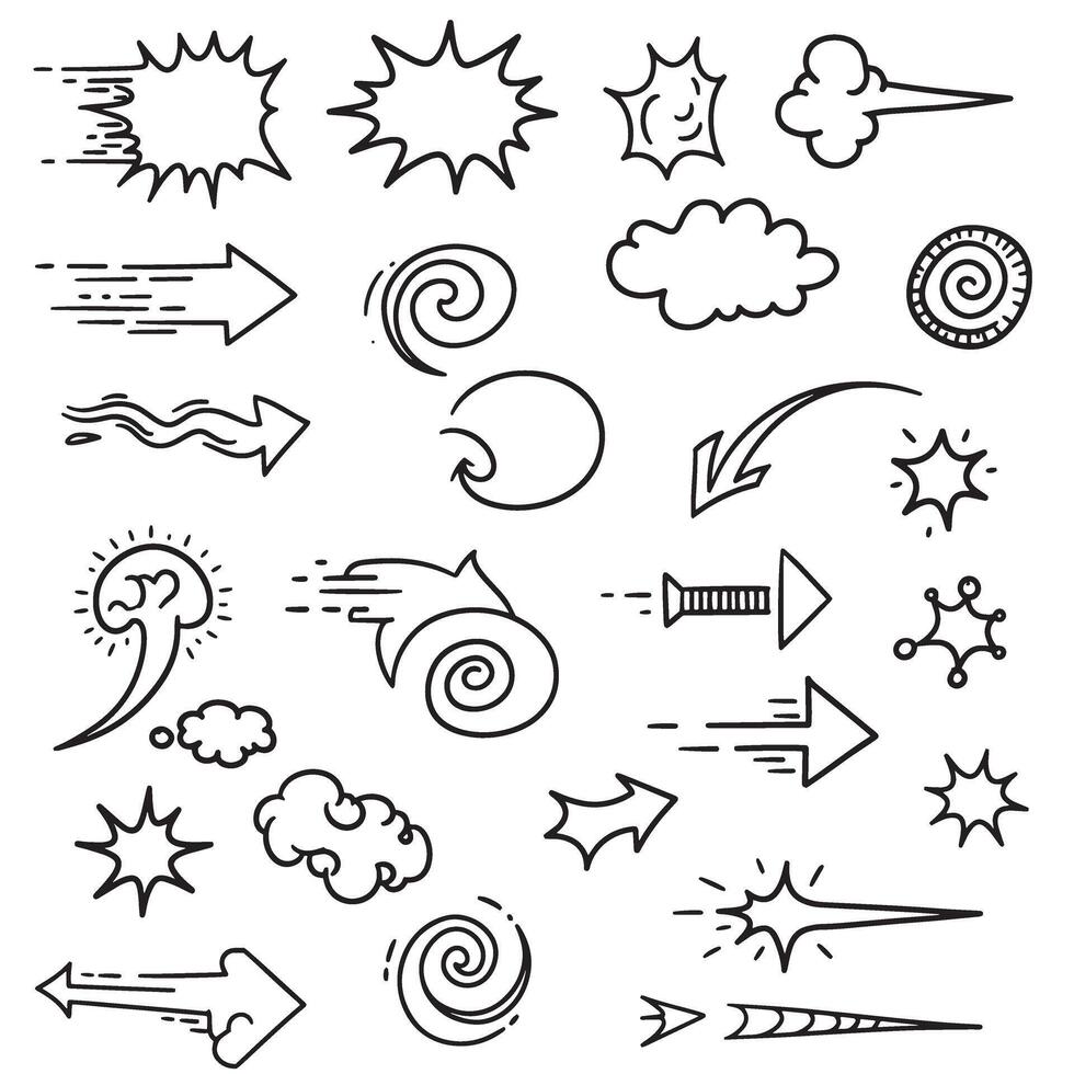 Comic line sparkle and movement silhouette pack with cartoon burst effects and manga motion stroke symbols vector