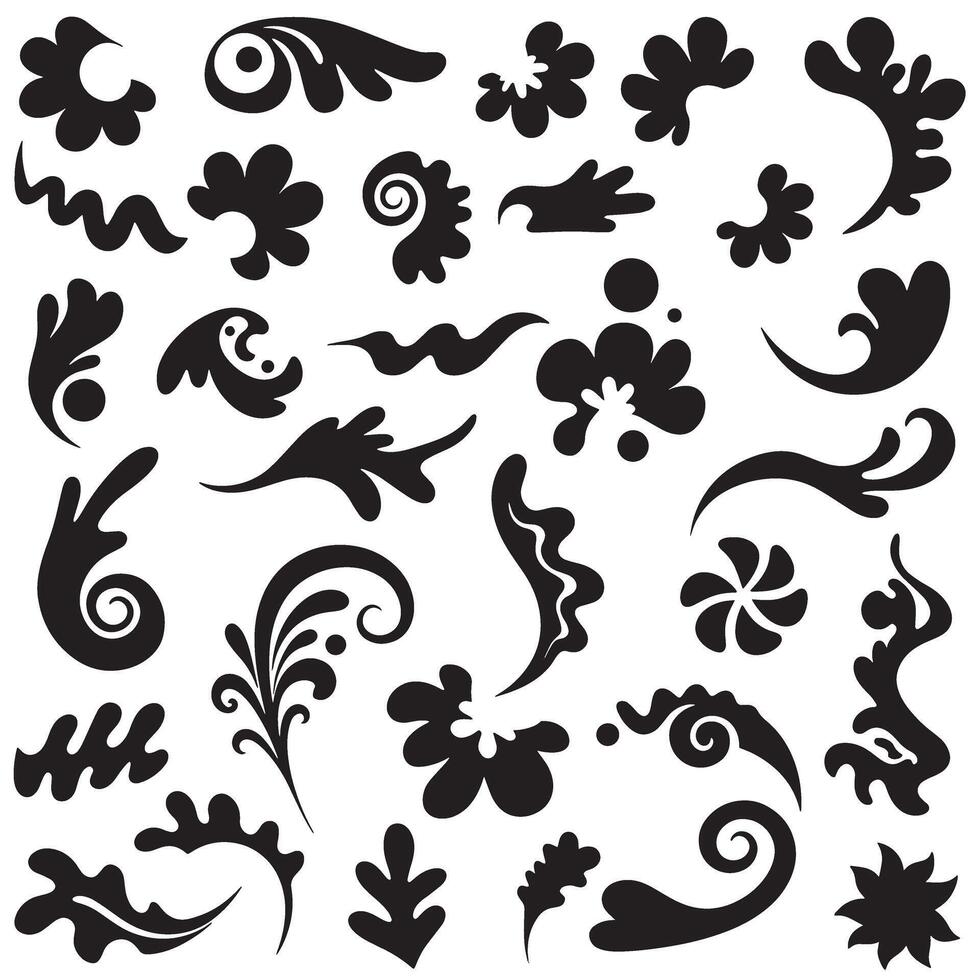 Creative silhouette design bundle featuring groovy variation elements like flowers, ribbons, cartoon animals, hands, and stars vector