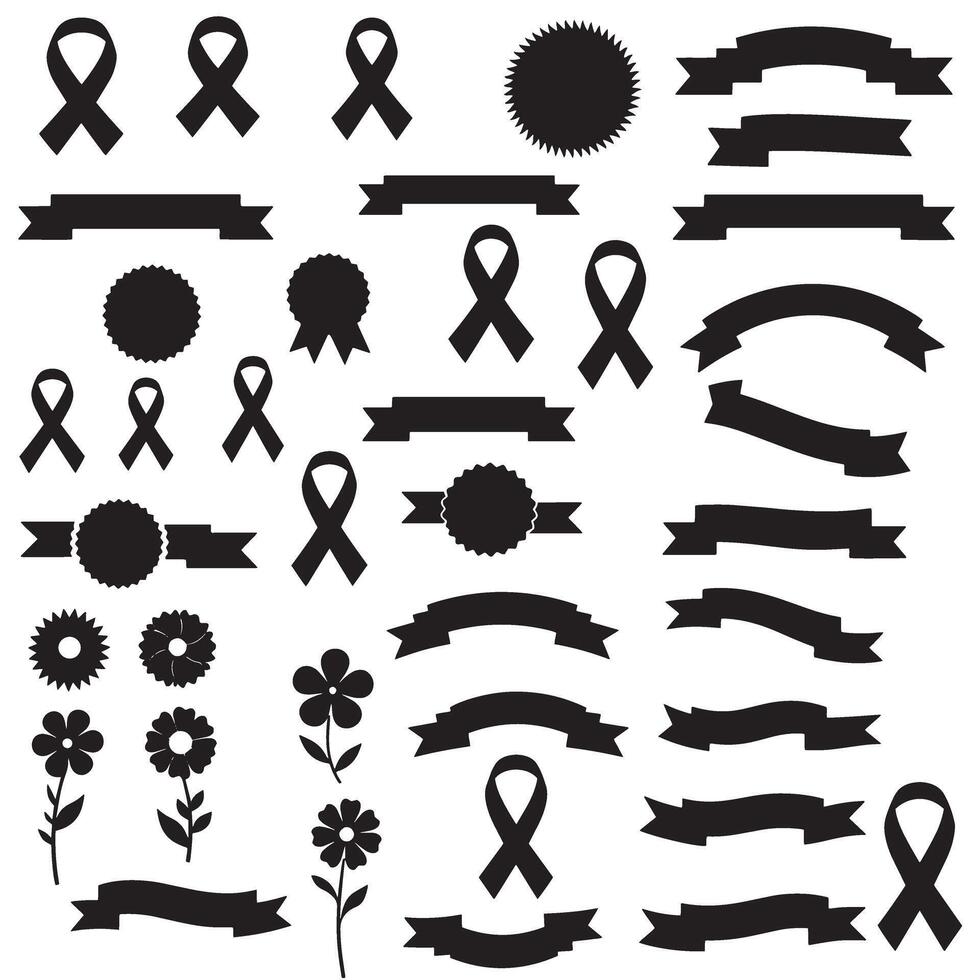 Retro floral vintage breast cancer awareness ribbon banner set bundle silhouette variation design for health icons vector