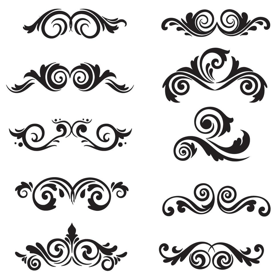Decorative swirl and spiral silhouette set with vintage curl elements for tattoo, border, and graphic design vector