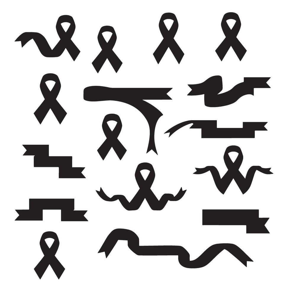 Retro awareness breast cancer ribbon banner set bundle silhouette variation design with curled scroll icons vector