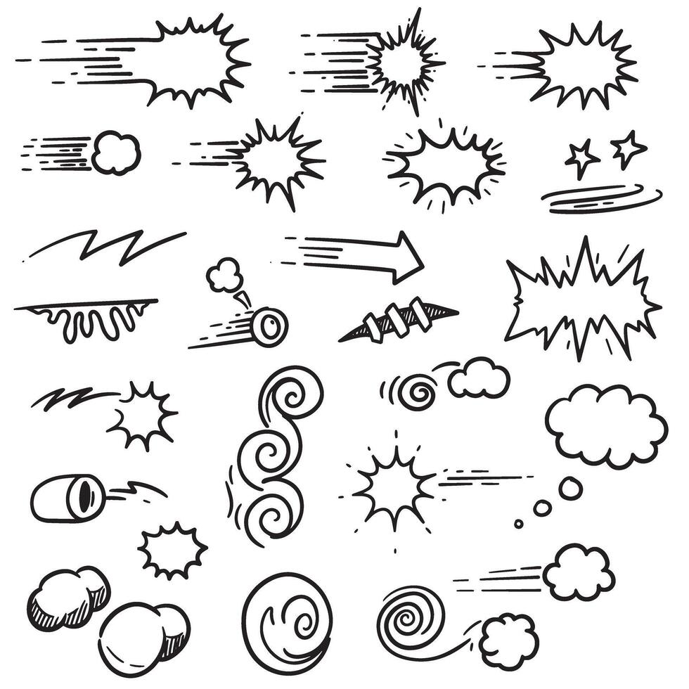 Cartoon comic line sparkle and motion bundle with hand-drawn accents, burst ink symbols, and manga silhouettes vector