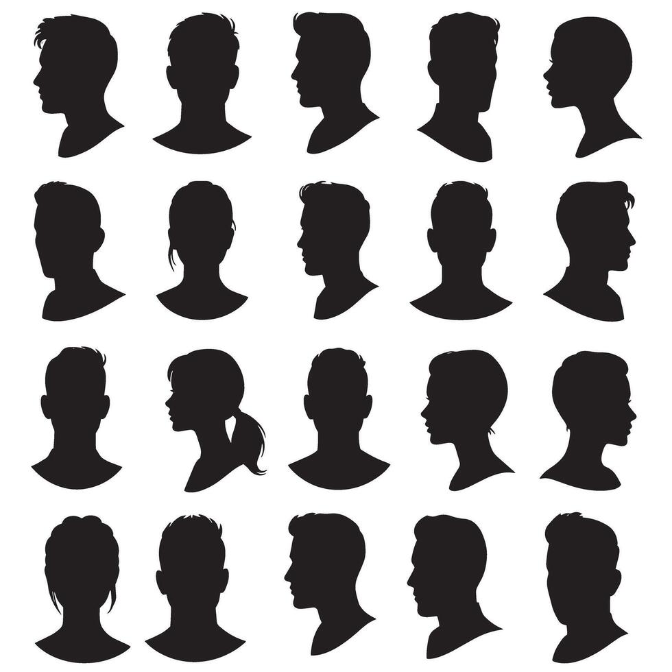 Diverse man woman head silhouette icon collection featuring side view portraits for branding and identity use vector
