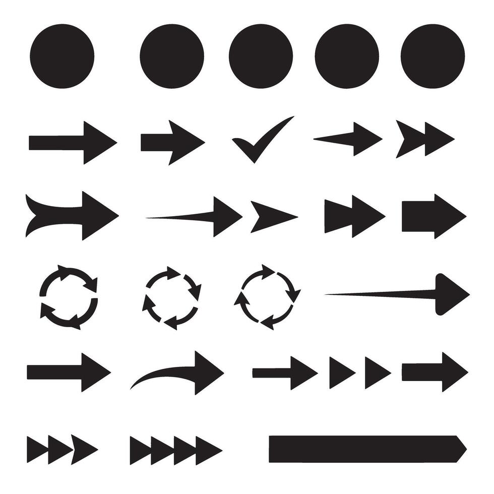 Circle, arrow, check marks, and line and other element silhouette bundle with creative shapes and icons vector