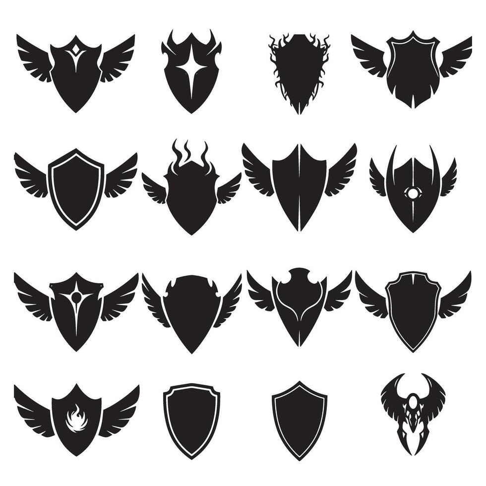 Unique shields wings element silhouette bundle featuring classic medieval shapes, emblem icons, and retro warrior logo design set vector