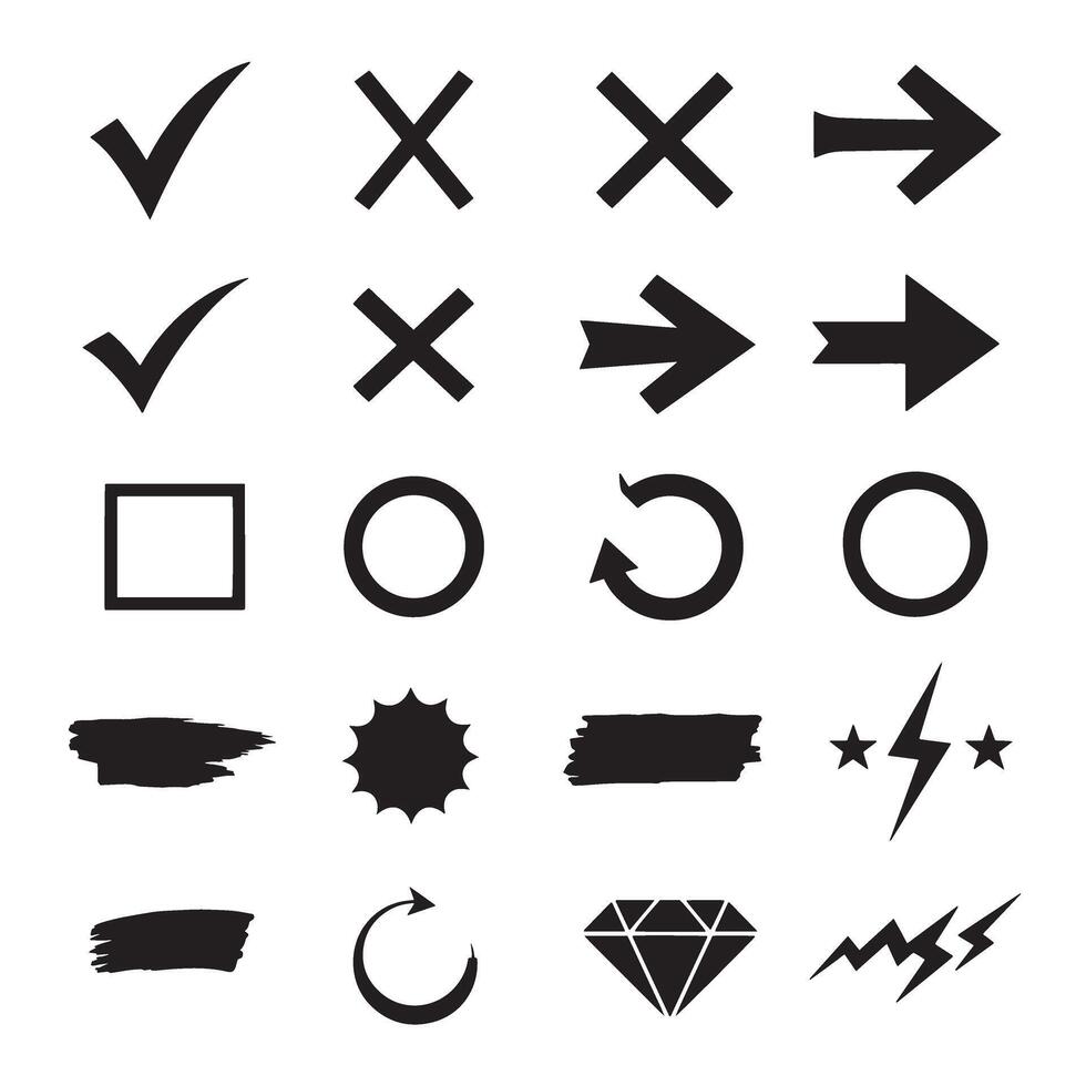Check marks, crossed, arrows, underlines, circles, squares, brush stroke icon element silhouette bundle symbol vector
