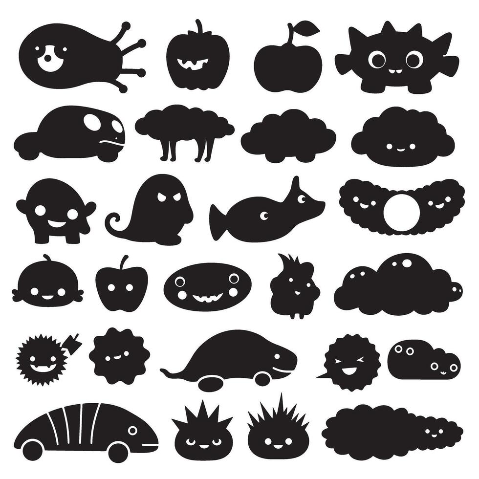 Groovy funky element tree, animal cartoon, flower and other element silhouette bundle with curve frame elements vector