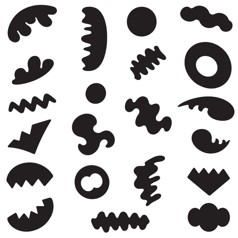 Groovy Funky element set bundle silhouette featuring outline floral patterns, swirl stars, retro ribbons, and fun icons vector