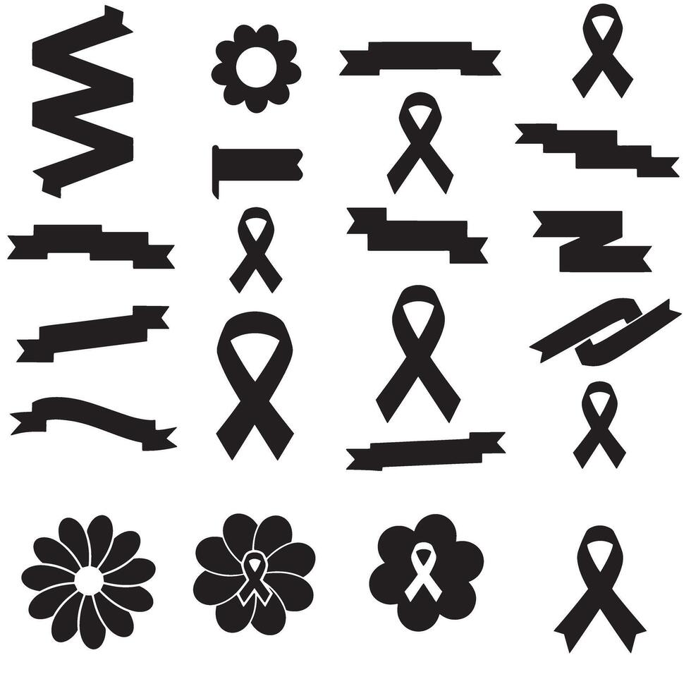 Classic vintage awareness breast cancer ribbons banner and flower set bundle silhouette variation design for print vector