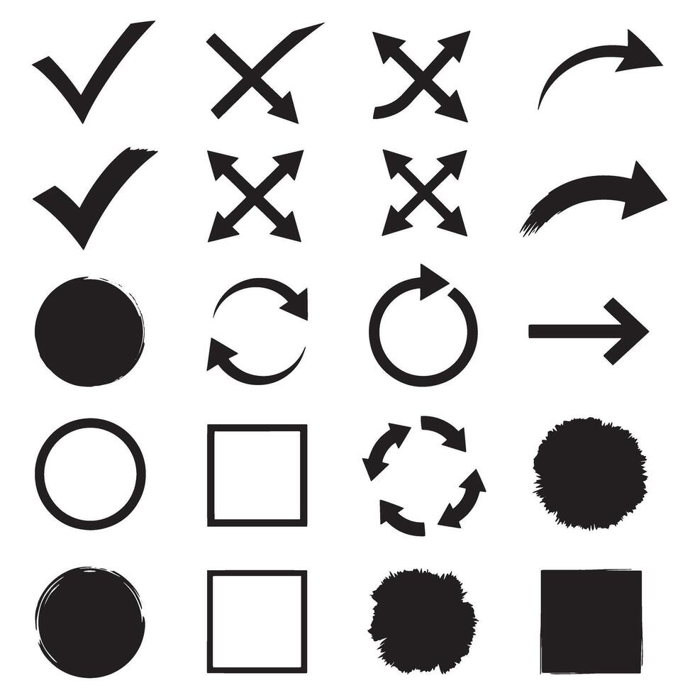 Check marks, crossed, arrows, underlines, circles, squares, brush stroke icon element silhouette bundle design set vector