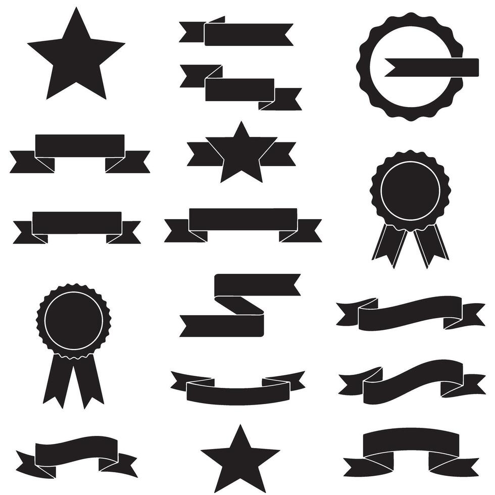 Star ribbons banner element set silhouette design ideal for identity badges, print labels, and signage art vector