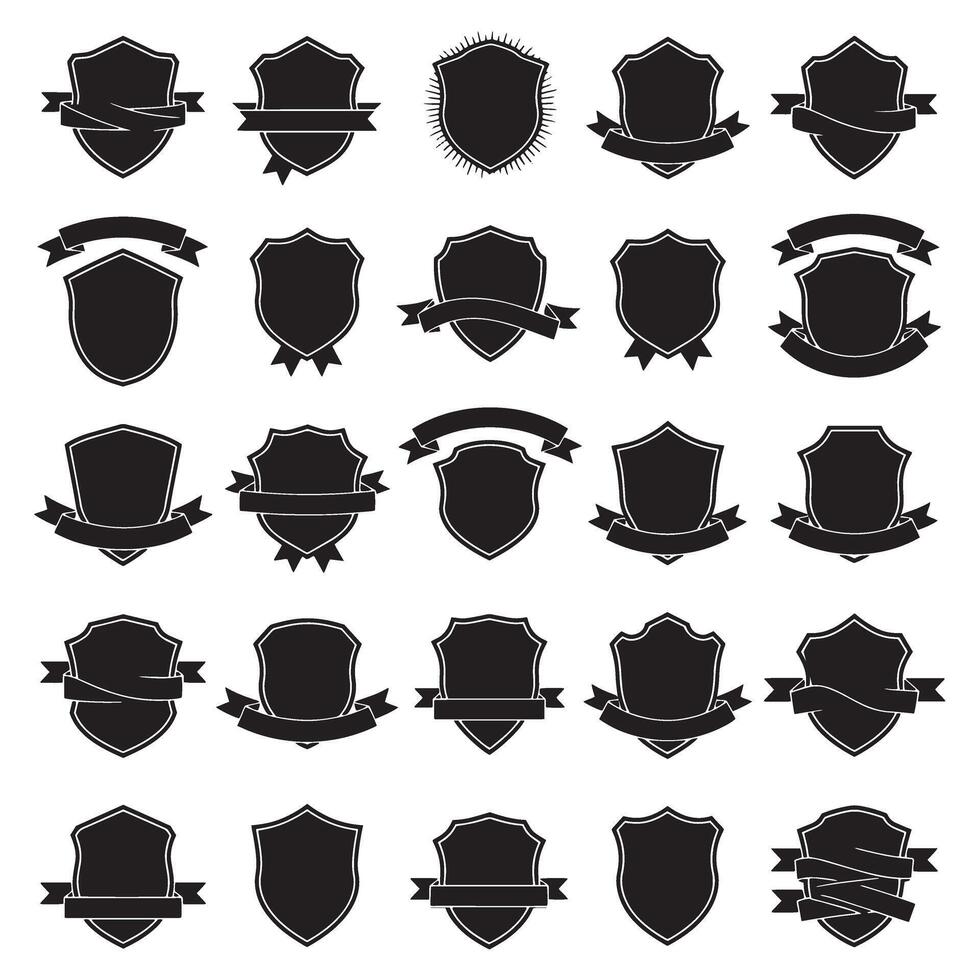 Vintage shield and ribbons banner adjust set bundle silhouette variation design for badge, label, and emblem art vector