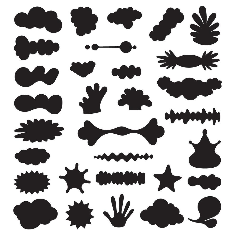 Groovy funky element tree, animal cartoon, flower and other element silhouette bundle with decorative swirl icons vector