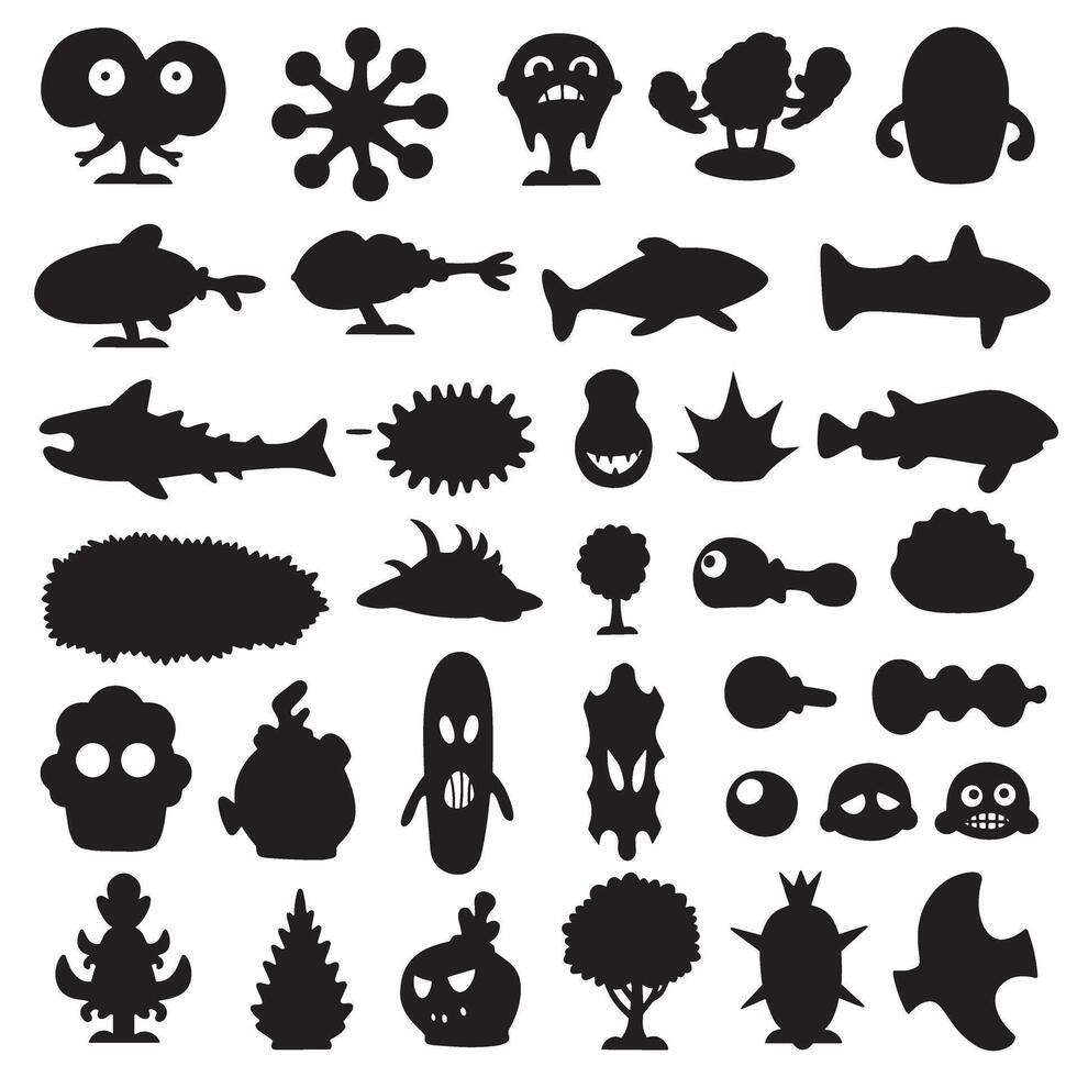 Groovy funky element tree, animal cartoon, flower and other element silhouette bundle with simple line details vector