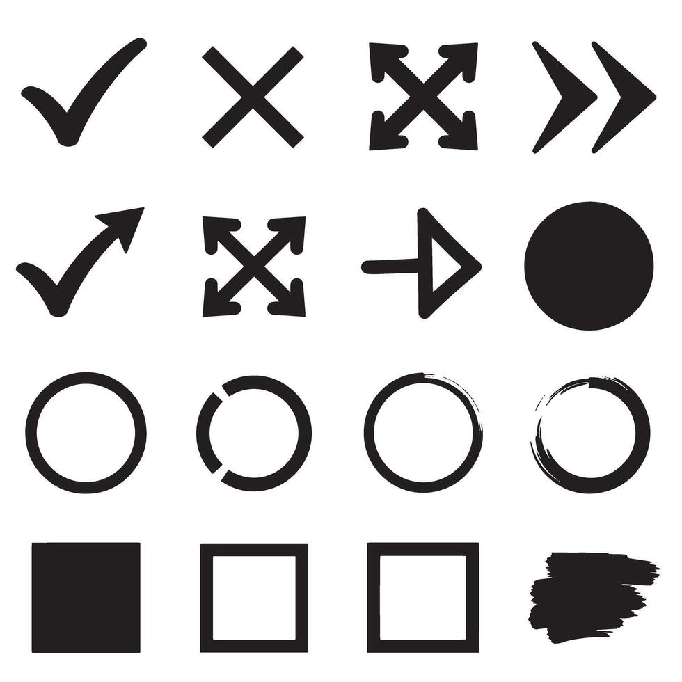 Check marks, crossed, arrows, underlines, circles, squares, brush stroke icon element silhouette bundle symbols vector