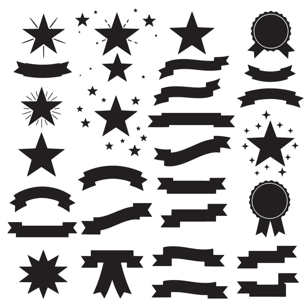 Award style star ribbons banner element set silhouette for layout design, graphics, and classic templates vector
