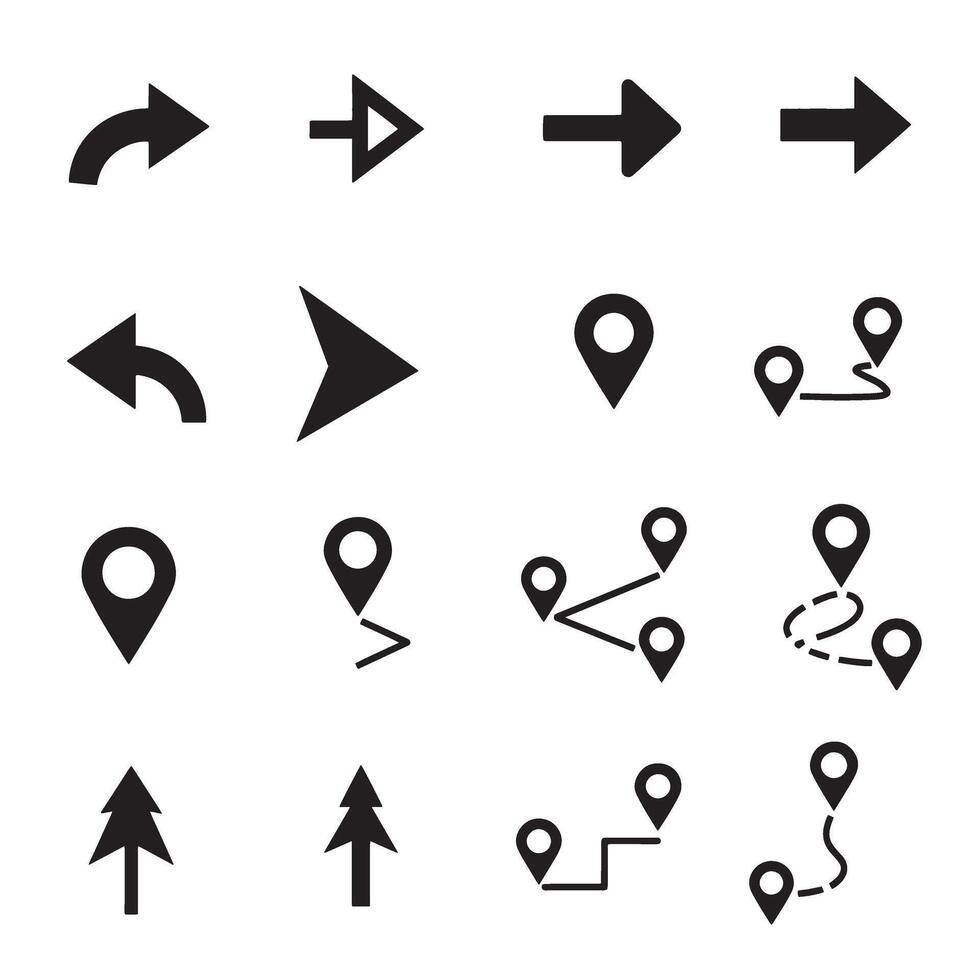 Navigation icons arrows, pins, location and route icon silhouette bundle for map design vector