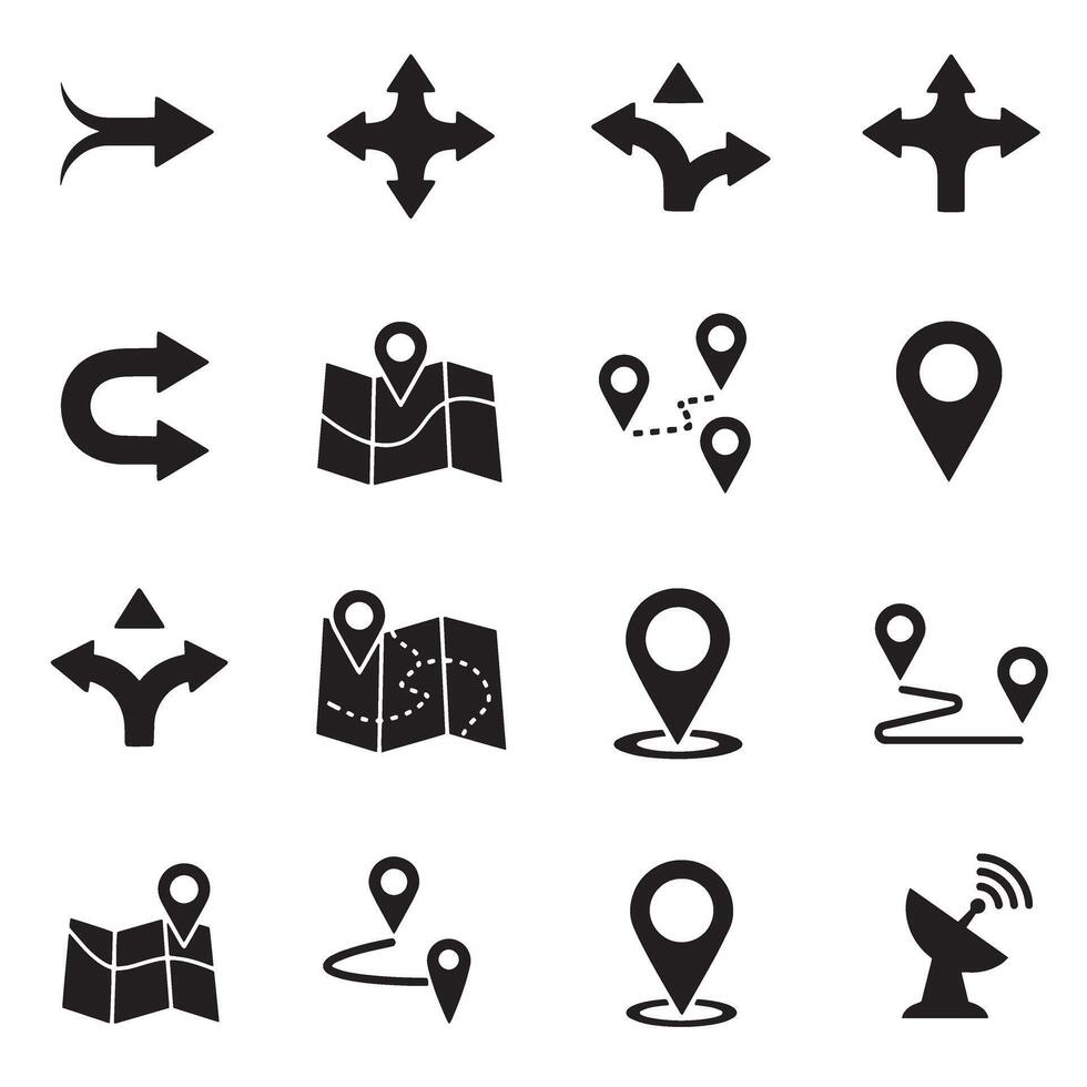 Flat navigation icon bundle with arrows, pins, route, and location silhouettes vector