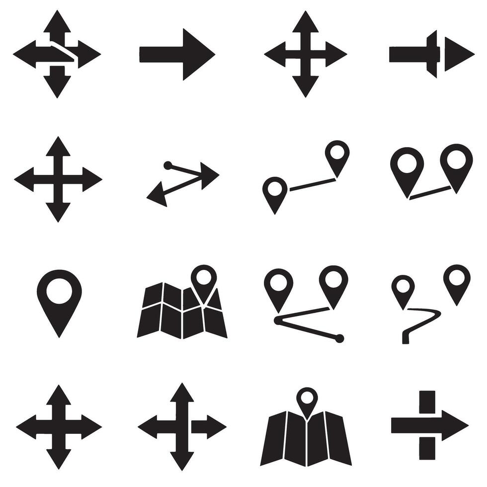 Route icon silhouette bundle with arrows and location navigation symbols vector