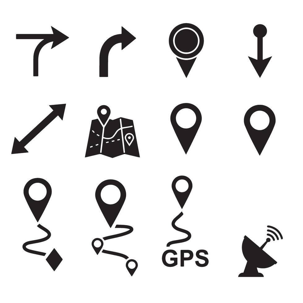 Navigation and GPS icon silhouette pack with location pins and route arrows vector