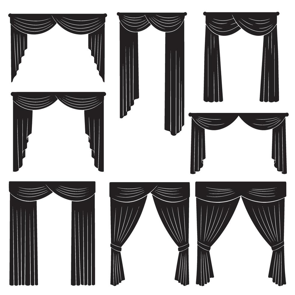 Chic Curtains element silhouette bundle with classic drapes, valances, and window styles vector