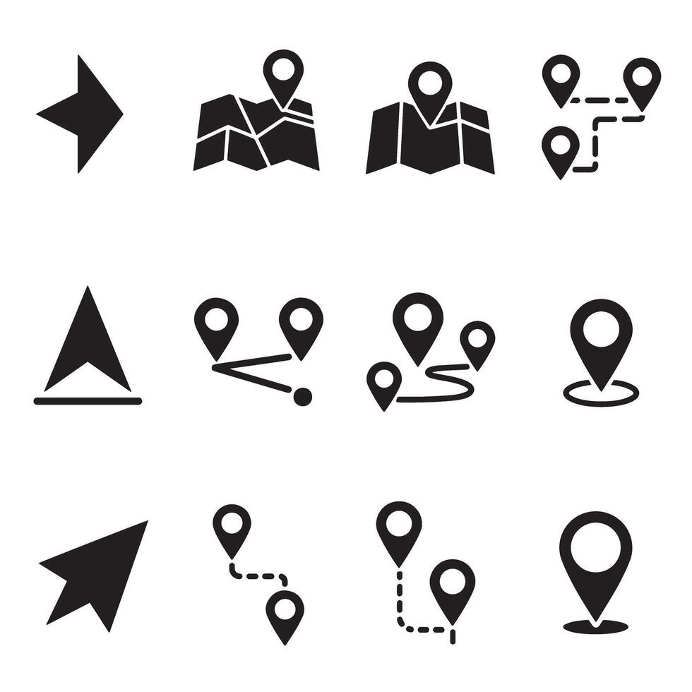 Route and location icon set with navigation arrows and pins silhouette bundle vector