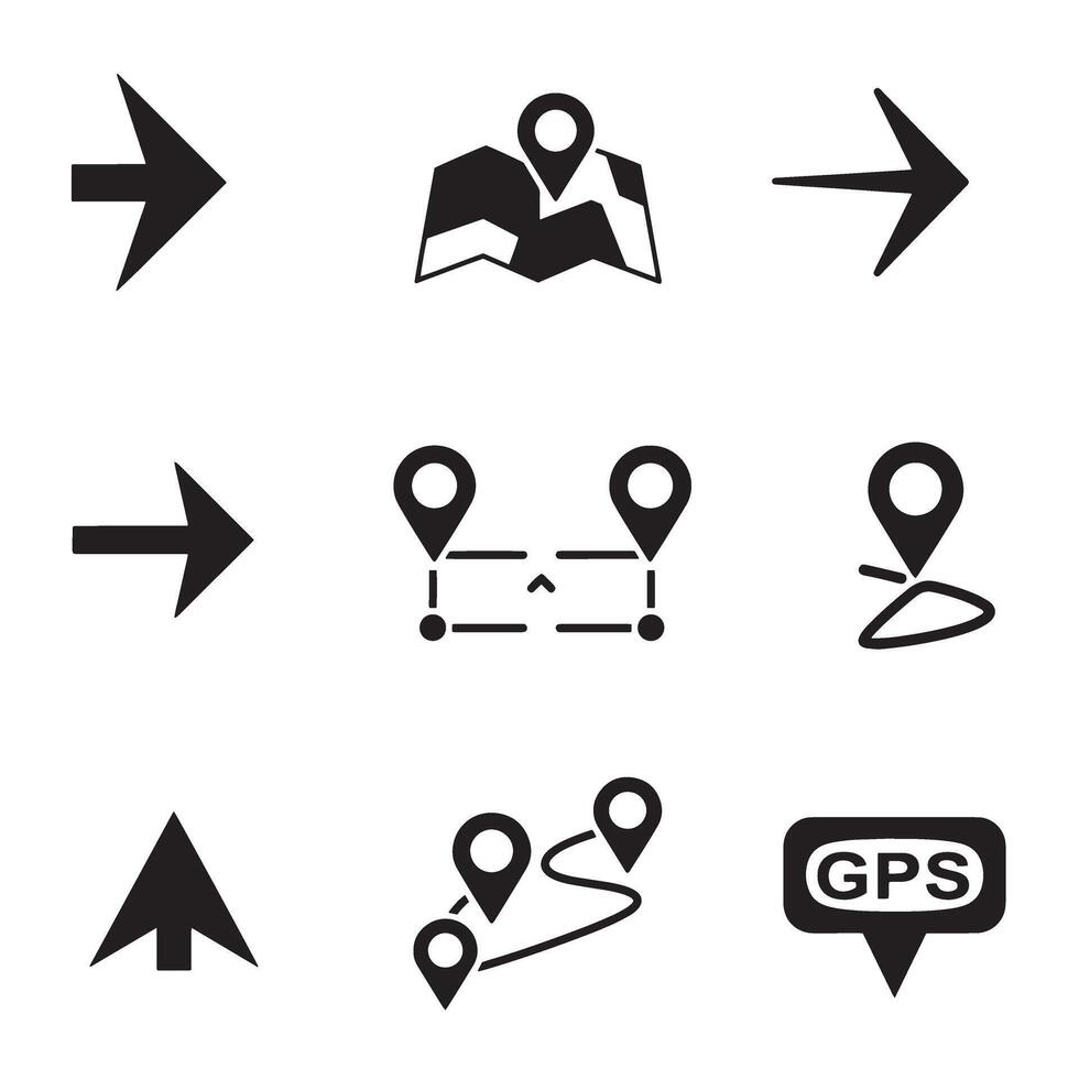 Location and direction icon silhouette set with navigation pins and arrows vector