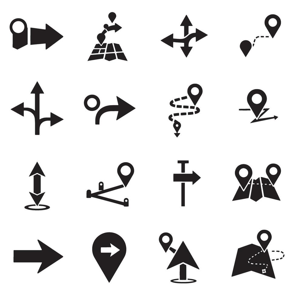 Arrows icon and navigation pin silhouette bundle for GPS and location branding vector