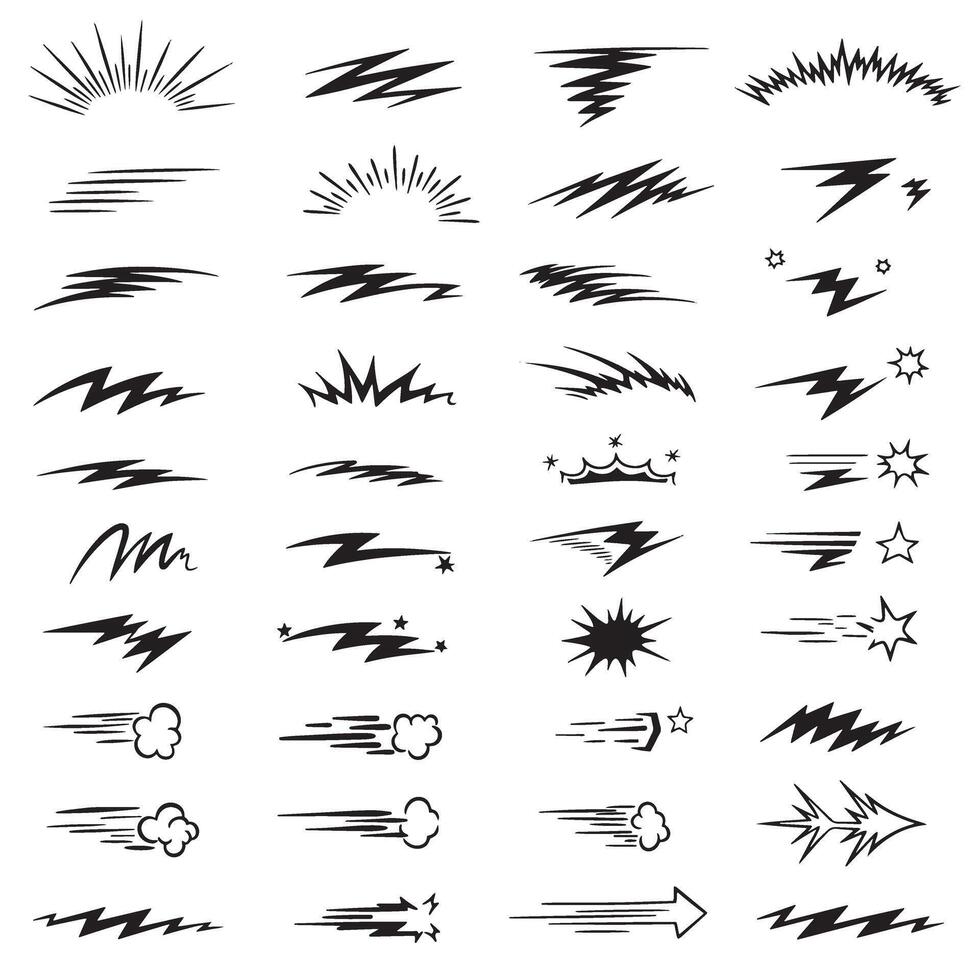 Comic line sparkle and movement elements set with burst effects, manga stroke accents, and pop art motion design vector