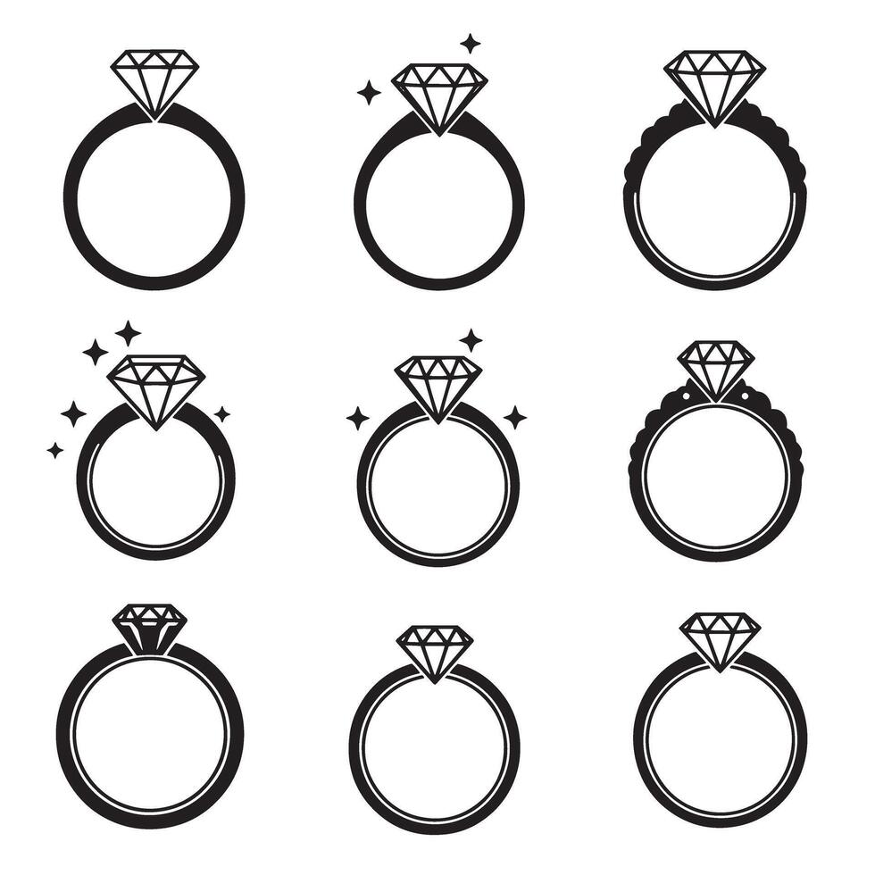 Silhouette bundle with diamond icons, wedding ring shapes, and branding graphics vector