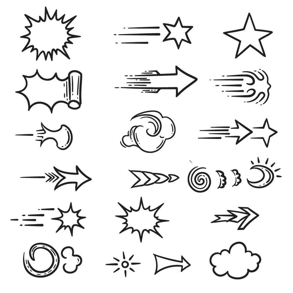Hand-drawn comic line sparkle and movement icon bundle for cartoon burst accents and pop art silhouettes vector