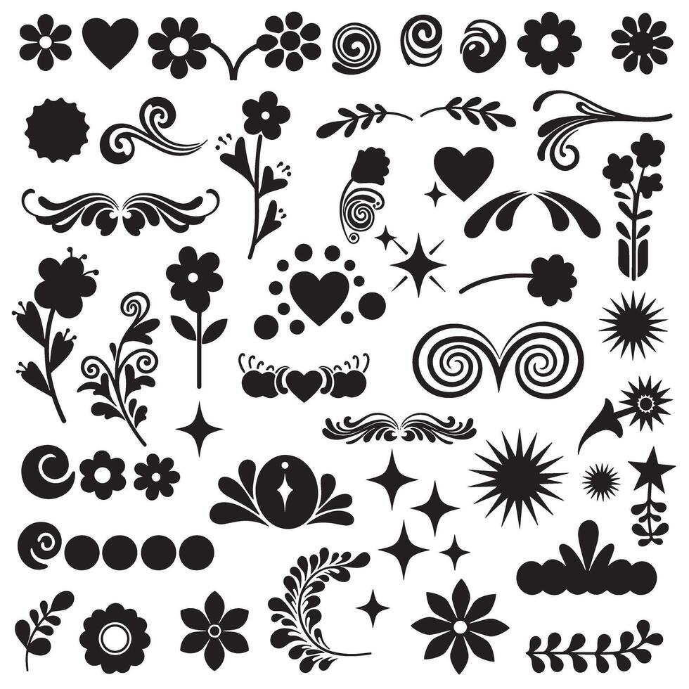 Groovy variation design silhouette collection with retro cartoon animals, flowers, hand signs, stars, and ribbons vector