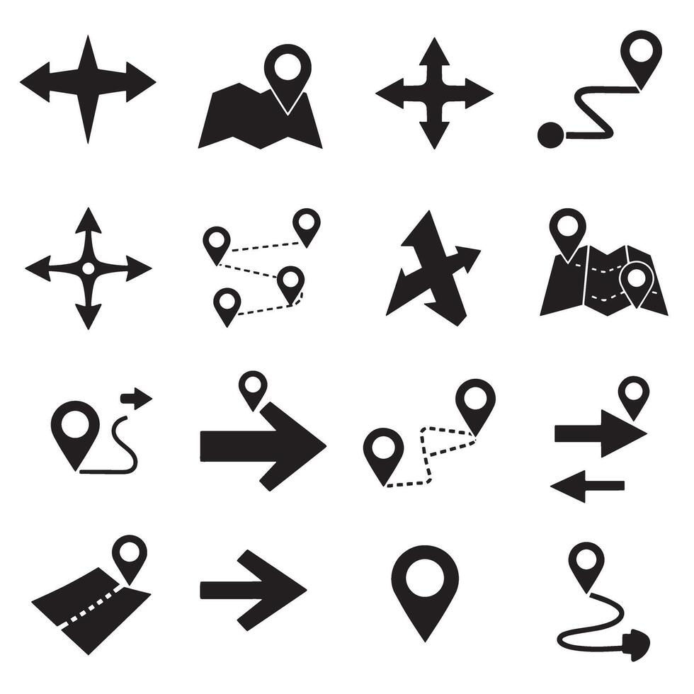 Navigation map icon silhouette bundle with pins, arrows, and location symbols vector