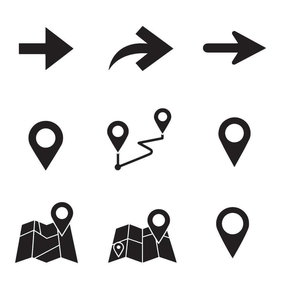 Navigation and location icon silhouette bundle with arrows, pins, and route marks vector