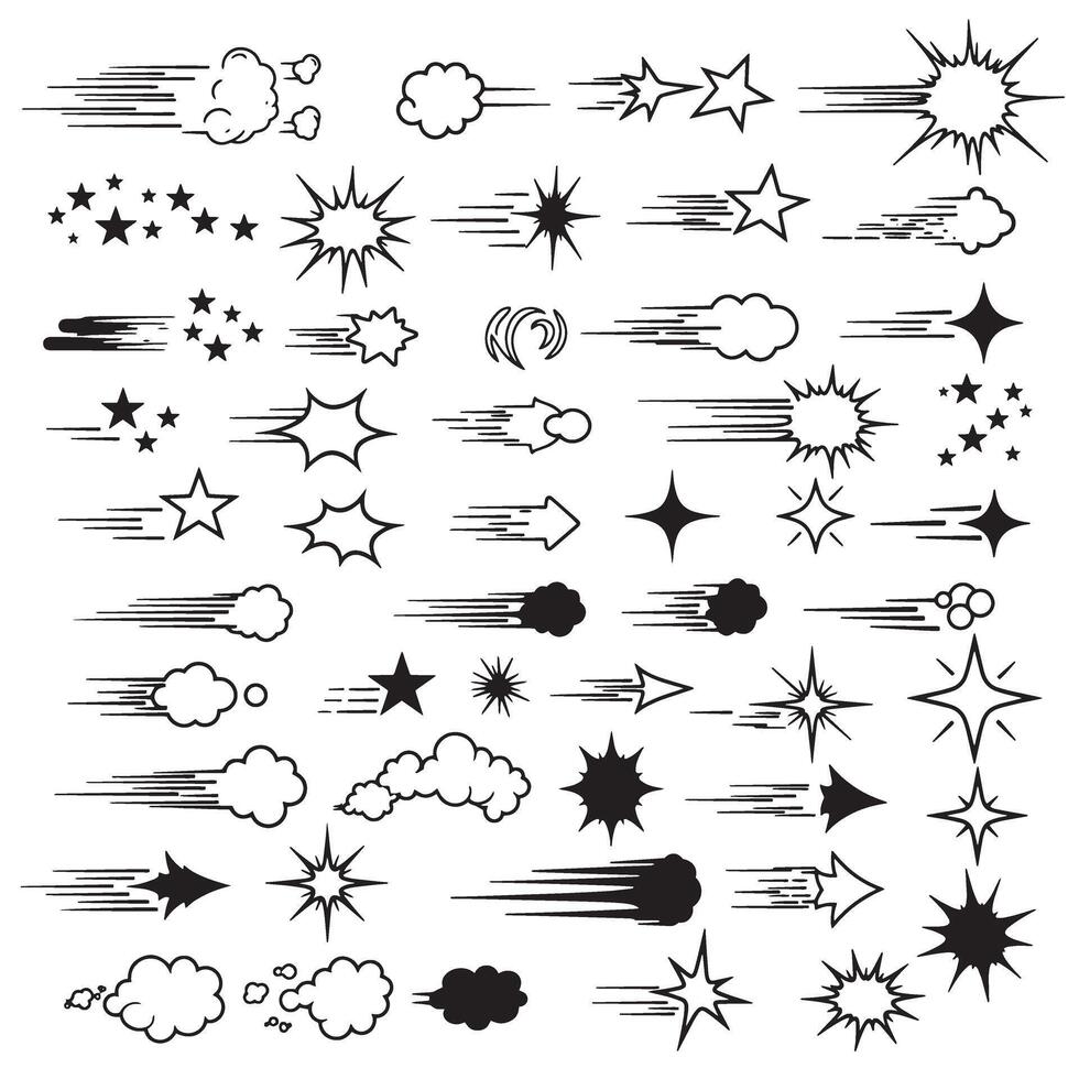 Silhouette sparkle star icon doodle set with burst line illustrations for decoration and design creativity vector