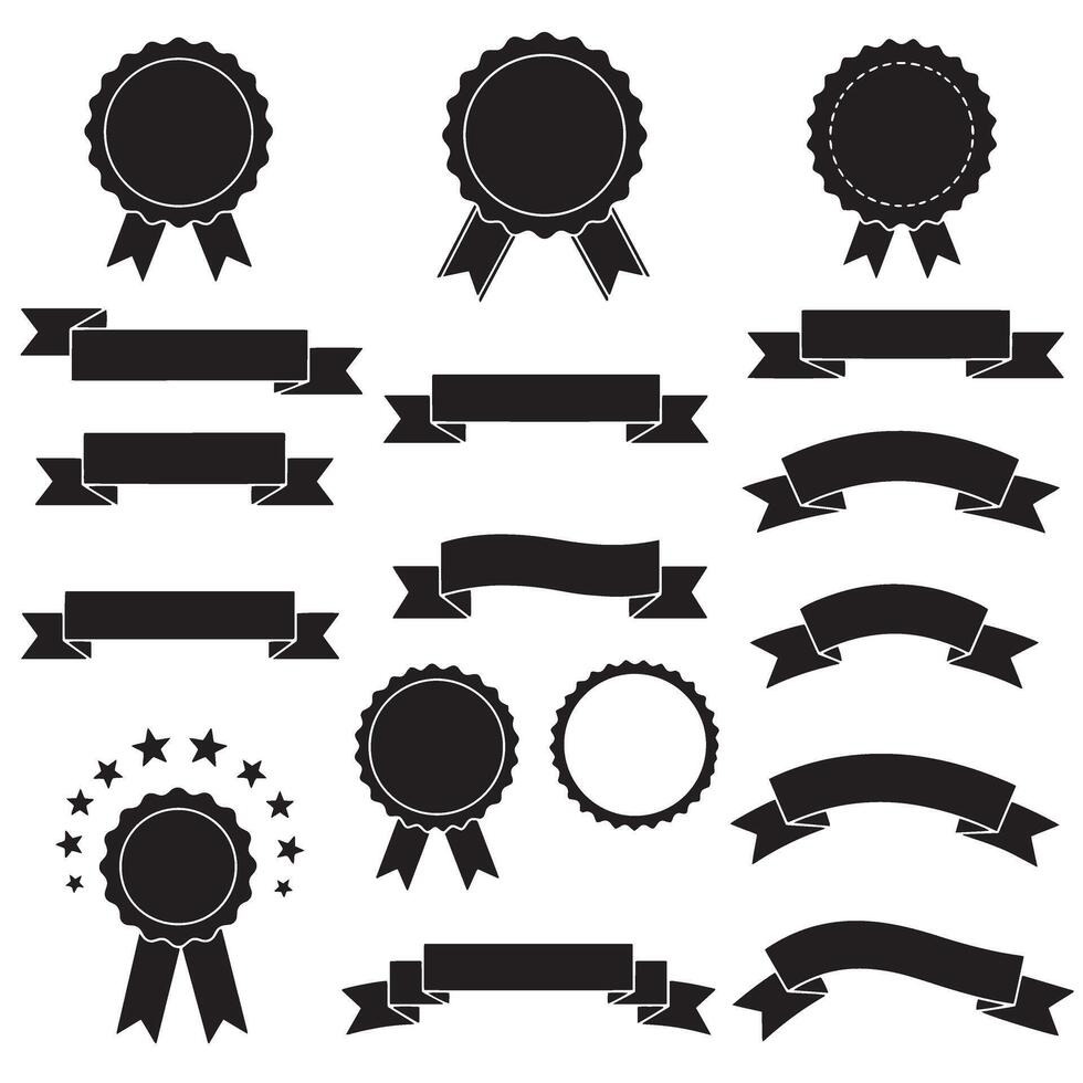 Star ribbons banner element set silhouette with curved scroll designs for classic badge, label, and tag artwork vector