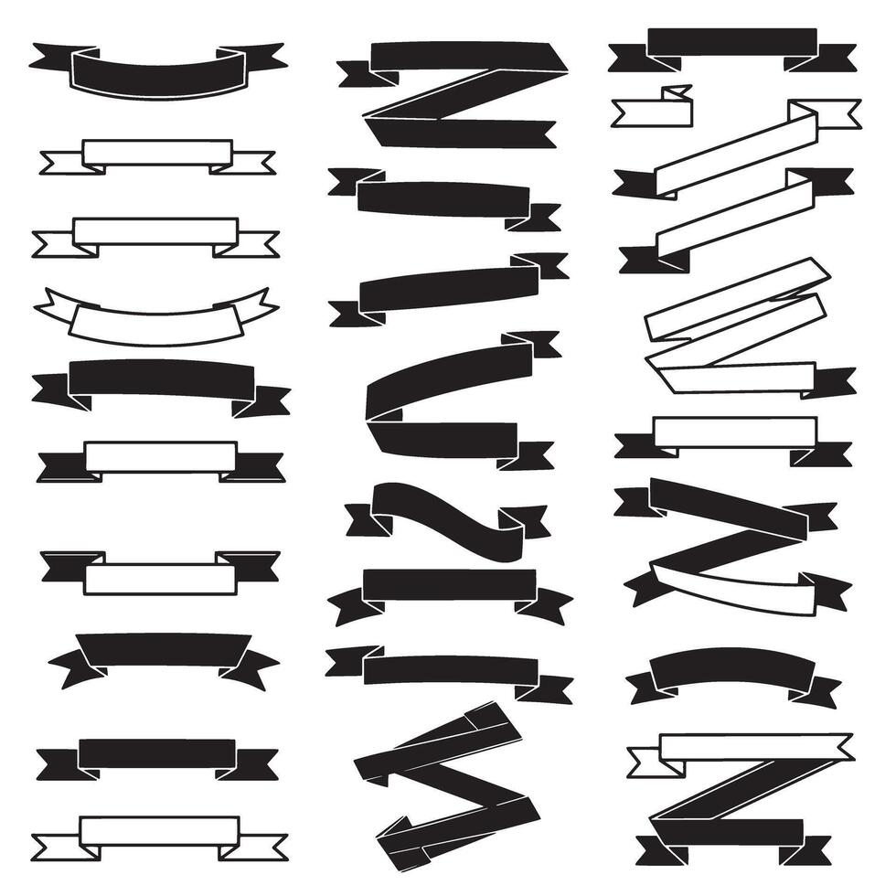 Vintage outline art ribbon banner set bundle silhouette variation design with swirl, fold, and tag style vector