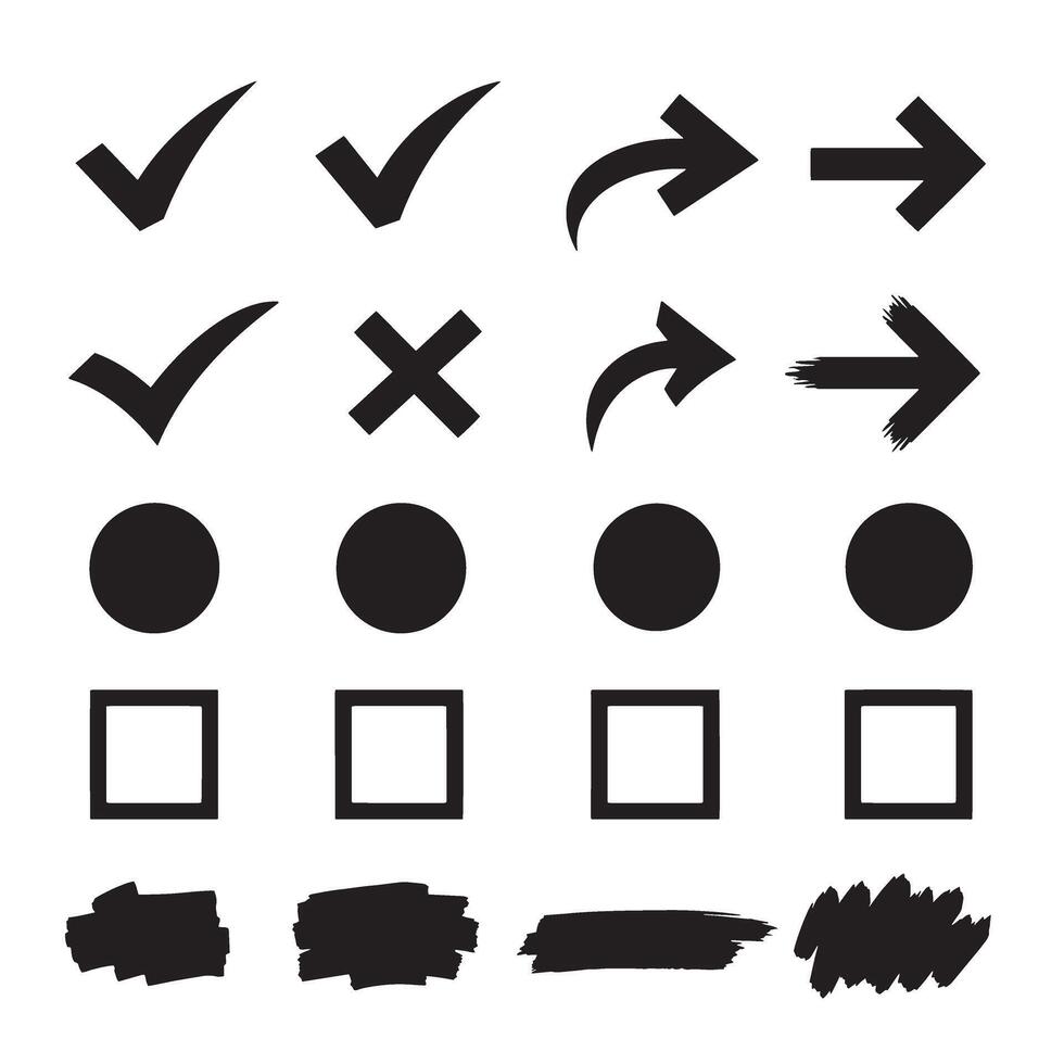 Check marks, crossed, arrows, underlines, circles, squares, brush stroke icon element silhouette bundle editable vector