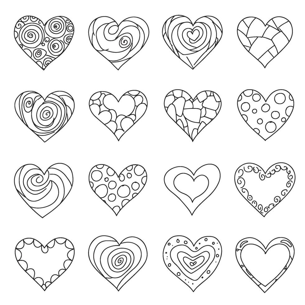 Line art heart icons in silhouette style with hand-drawn design for creative coloring page and variation use vector