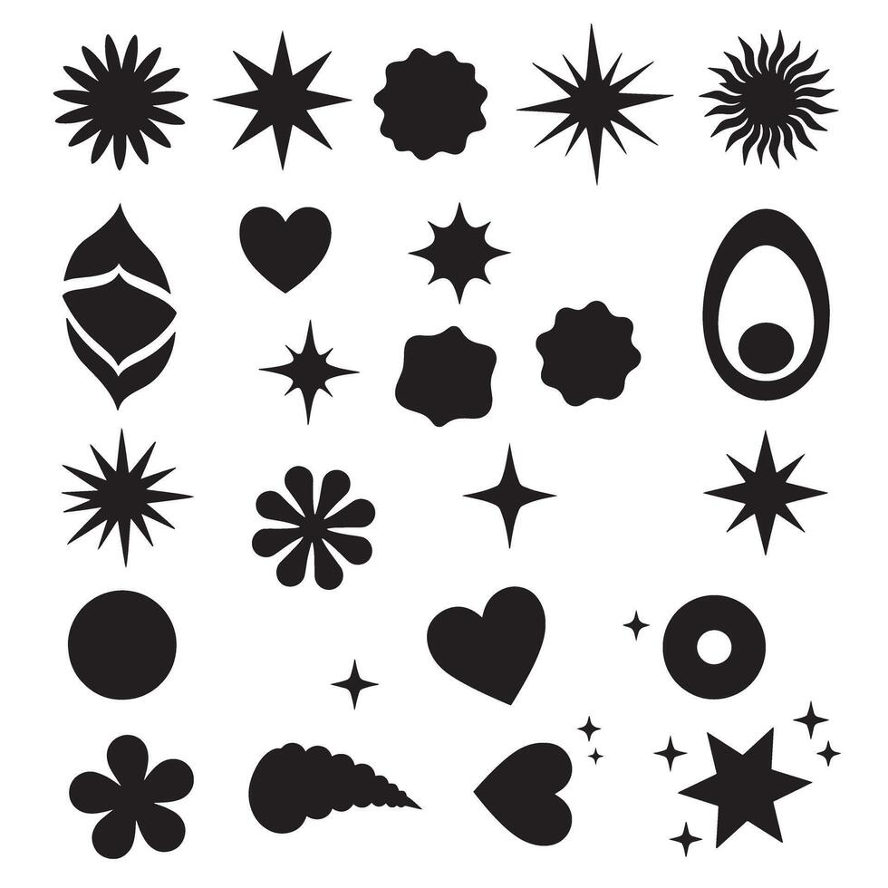 Vintage design silhouette bundle with groovy variation cartoon animals, hand shapes, ribbons, flowers, and stars vector