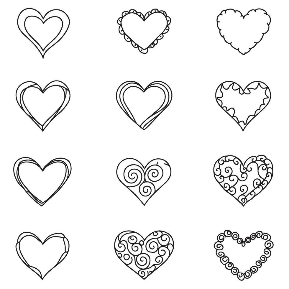 Romantic heart icon set in silhouette line art drawing style for DIY coloring pages and print-ready designs vector