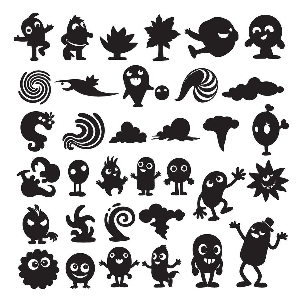 Groovy funky element tree, animal cartoon, flower and other element silhouette bundle with fun outline textures vector