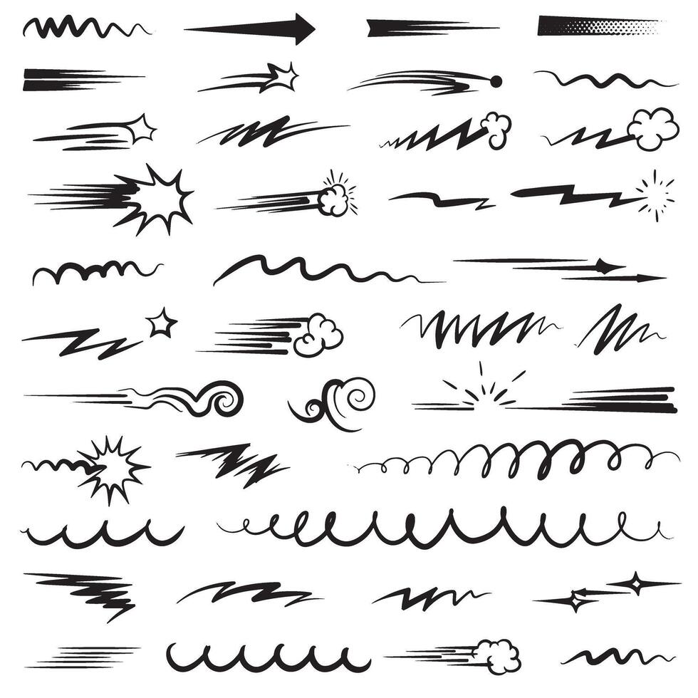 Comic line sparkle motion and burst element silhouette set with stroke symbols for manga and cartoon layouts vector