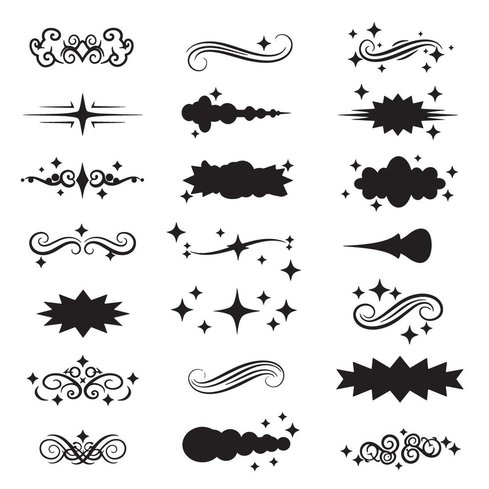 Manga sparkle silhouette line bundle for comic action, layout decoration, and pop art motion symbols vector