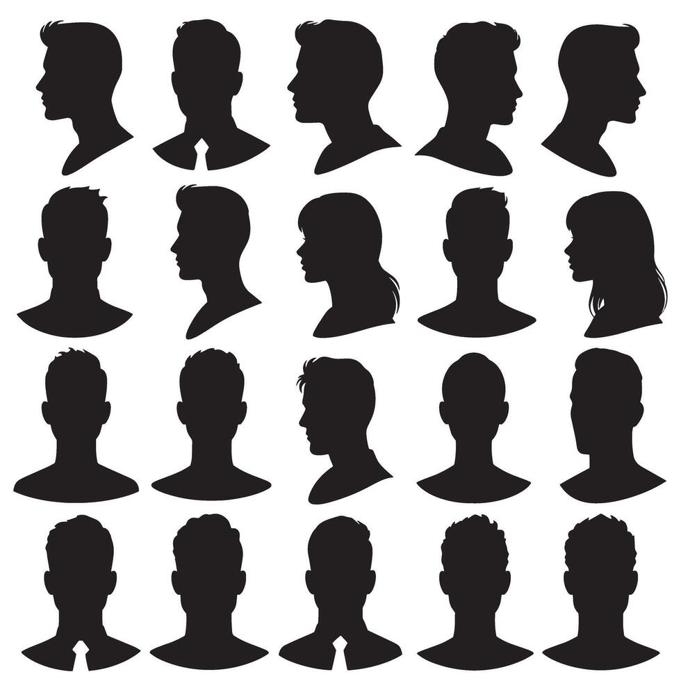 Man woman silhouette profile icon collection with diverse head avatars, hairstyles, and side view portrait design vector